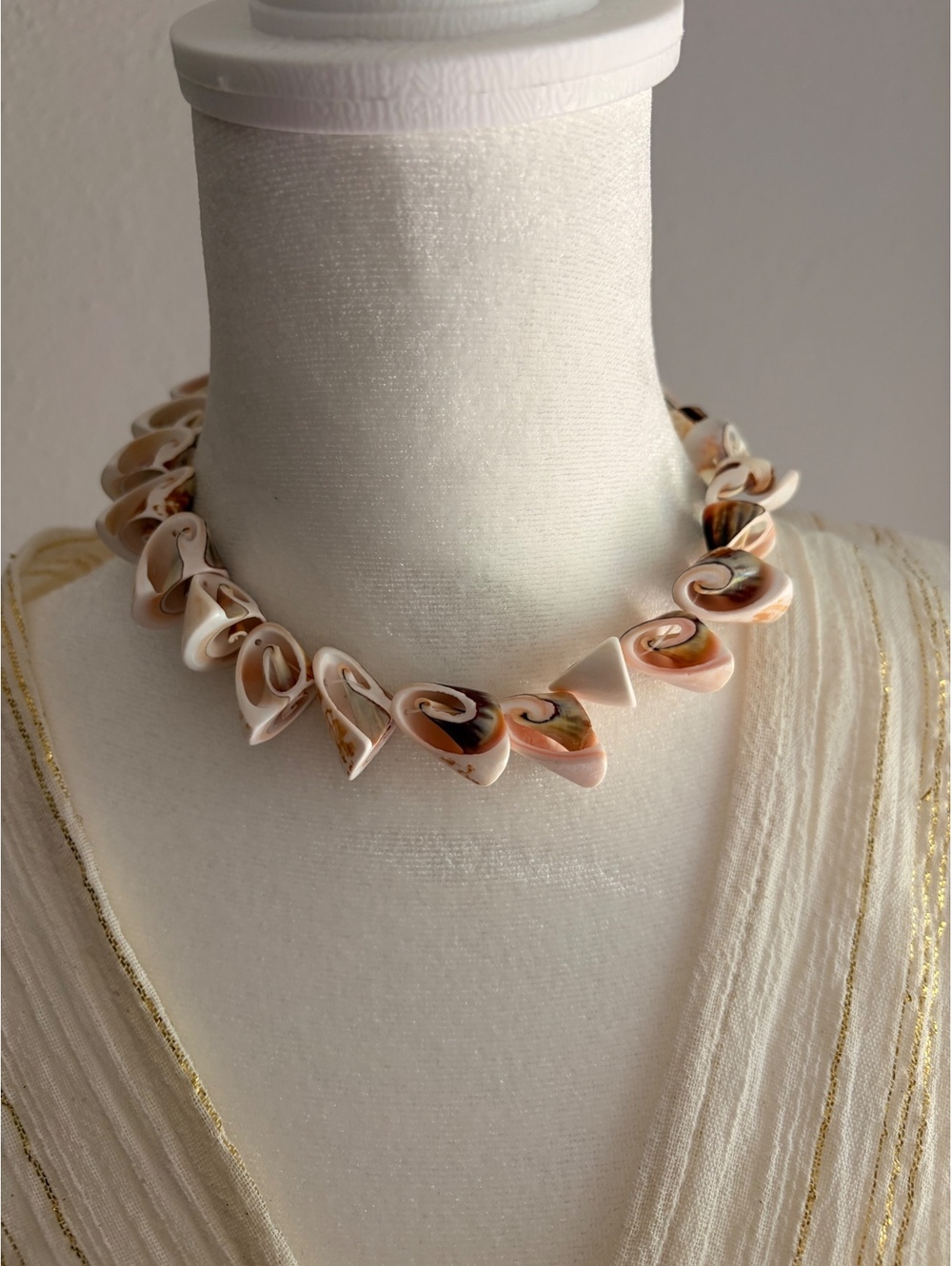 Handcrafted Natural Shell Statement Necklace with Gold Clasp